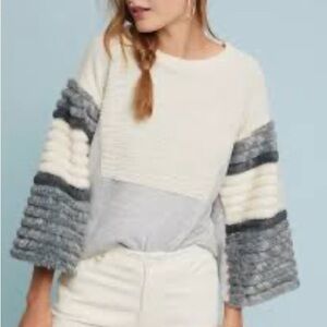 Anthropologie Amadi Neve Faux Fur Mixed Media Cream and Gray Striped Sweater